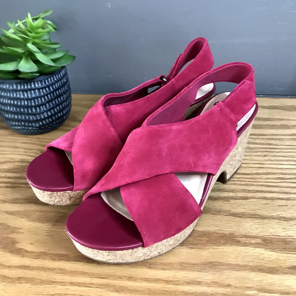 NEW Clarks Maritsa Lara Sandal Heel Pink Fuschia Suede Womens Size 10